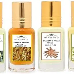 Menjewell Royal Kewda, Champa, Morning Jasmine & Chandan-E-Khaas Perfume Floral Attar, 6 Ml (Pack Of 4) image 1