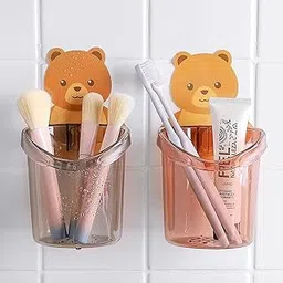 QONETIC Adhesive Toothbrush Holder (Set of 2 Pcs) Plastic Stand for Toothpaste, Comb, Brush, Cream, Lotion Kids Bathroom Cup Drain Waterproof Self-Adhesive, Teddy Bear (2)-image-7