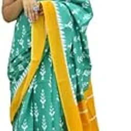 jalther Handicrafts Women's Ikat Hand Block Print Jaipuri Cotton Mulmul Saree with Blouse Piece-picture-43