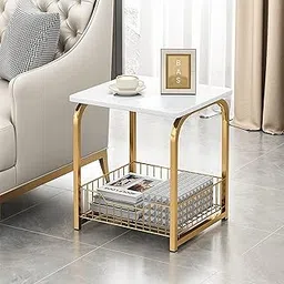 Dime Arts Shoppee Coffee Table Side Table,MDF Metal,Storage Basket for Living Bedroom Table Laptop Desk Furniture for Living Side End Table for Living Room, Bedroom, Office (Golden & White)-image-3