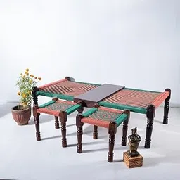Solid Sheesham Wood Handmade Rajasthani Charpai with 2 Stools | Cotton Rope Khatiya Charpai Single Bed Without Storage | Wooden Cot Bed | Khatiya-Khaat | 6X3 Feet | Color - Orange and Green-image-21