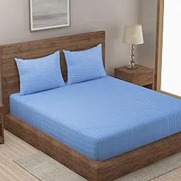 Klotthe Blue Striped Cotton Blend 300 TC Double Bedsheet Set in Book Fold Packing-image-1