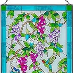 Viveta Hummingbird Stained Glass Window Hanging, Stained Glass Suncatchers with Chain, Bird and Flowers Stained Glass Panels for Windows Home Wall Art Decor(Rectangular 15 * 10")-picture-16