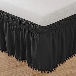 Elegant Comfort Luxury Top-Knot Tassle Pompom Fringe Ruffle Bed Skirt -Wrap Around Style- Elastic Bed Wrap- Wrinkle Resistant 16inch Drop, Queen/King, Black-picture-38