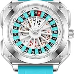 the watch company Luxury Casino Roulette Dial Watch, Silver Case, Black & Blue Silicone Band, Unique Playing Cards Design-picture-11