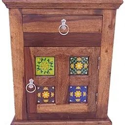 ROOFWOOD Ciramic Left Side Open Solid Sheesham Wood Bedside Table for Bedroom | Nightstand Lamp Holder | End Table with 1 Drawer & Door Storage for Bedroom-picture-22