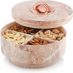 Nabhya Marble Print Revolving Round Shape 4 Section Multipurpose Dry Fruit Storage Container Set Box with Air-Tight Lid, Plastic Utility For Serving Sweets, Chocolates, Candy, Pickle & Kitchen (Beige)-image-18