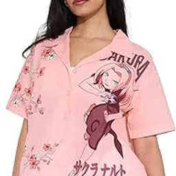 the souled store Naruto: Sakura Women and Girls Short Sleeves Collared Neck Button Front Pink Graphic Printed Oversized Fit Cotton Holiday Shirts-picture-10