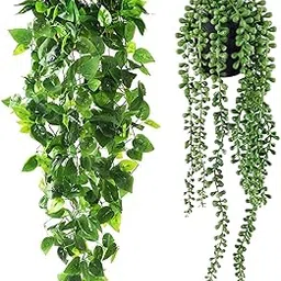 Ekhasa Hanging Artificial Plants with Pot (Set of 2) | Money Plant Artificial Hanging Plants for Home Decor | Falling Creepers Climbers Green Fake Vines with Pots (String of Pearls, Golden Pothos)-picture-24