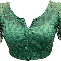 Women's Shipali Net Work Ruffle Sleeves Readymade Saree Blouse Green Free Size-image-2