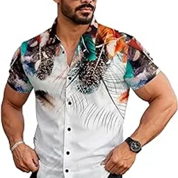 Men's Summer Hawaiian Shirt, Palm Tree Print, Short Sleeve Button Down, White and Black-picture-33