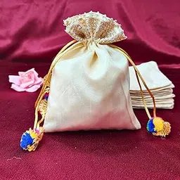 Lushure Organza With Gota Patti Lace Work and Pom Pom Design Potli for sagan Gifting, Diwali Gifting, Wedding - 20X16 CM (20)-picture-56