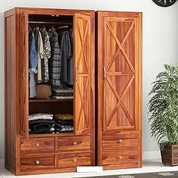 KUSUM HANDICRAFTS Solid Sheesham Wood 3-Door Wardrobe Cupboard Almirah: Elegant Storage Solution for Clothes (Design 21, Large)-picture-28