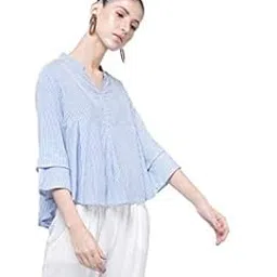 hrikshika fashion Women's Blue & White Striped Cotton Top – V-Neck, 3/4 Ruffle Sleeves, Loose Fit, Lightweight Casual Blouse-picture-17