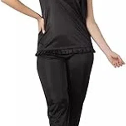 nightdoll Women's Satin Top & Pyjama Set Nightdress Sleepwear and Lounge Wear/Night Suit Set (Black)-picture-32