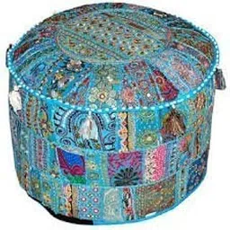 Sophia-Art Indian Embroidered Patchwork Cover Indian Decorative Pouf Indian Comfortable Floor Cotton Cushion Ottoman Pouf,Indian Designs Ethnic Patchwork Pouf (Turquoise, 18"x13")-picture-34
