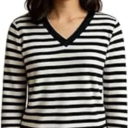 Women's V-Neck Striped Sweater, Long Sleeve, Black and White-picture-39