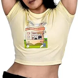 space n ocean Graphic Coffee Theme Printed Crop Top, Slim Fit, Short Sleeves, Western Style, Super Comfortable & Breathable 100% Cotton Fabric, Crop Tops for Women - Yellow-picture-31