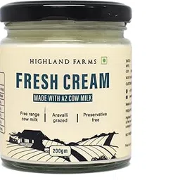 Highland Farms Fresh Cream | Made with A2 Milk | Rich for Vitamins A, D, E, and Calcium | Low Fat | Preservative-free | Ethical methods | Glass Packaging | 200g image 1