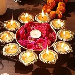R Ayurveda Copper Metal Decorative Metal Diya Traditional Diya Urli Tealight Holder Golden Bowl for Floating Flowers Home,Office Wedding Decor (Size 12 inches)-image-22