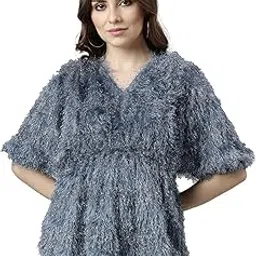 showoffff SHOWOFF Women's Three-Quarter Sleeves Self Design V-Neck Kimono Sleeves Grey Boxy Top-SRA-7016_Grey-picture-16