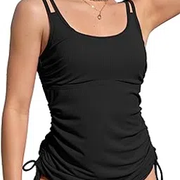 anfilia Women's Tankini Top Tie-Side Drawstrings Bathing Suit Top Ribbed Fabric Tummy Control Sporty Swimsuit Top-picture-39