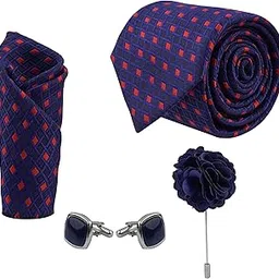 calixto Men'S Navy Blue Color Jaquard Weave Ties With Red Grids. Micropoly Formal Necktie With Pocket Square, Silky Feel (Pack Of 4).-picture-24