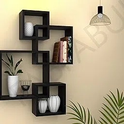 FABULO Wooden Intersecting Wall Shelves for Living Room, Bedroom | MDF Floating Wall Mount Shelf/Rack/Stand/Showcase for Home Decor - Wall Hanging Storage Unit, Set of 4 – Black image 1