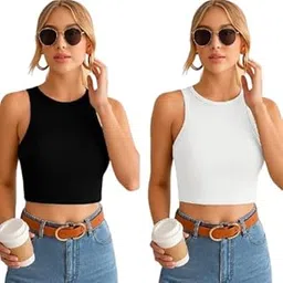 Women's Ribbed Sleeveless Crop Top Combo - Pack of 2 (Black & White) | Stretchable Cotton Blend | Stylish Summer Tank Tops for Girls & Women-image-68