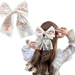 1 PCS White Lace Flower Embroidery Bow Hair Clip With Ribbon Wedding Hair Accessories for Women Girls Big Bow Hair Clips for Girls and Women | Soft Fabric Hair Bows with Alligator Clips | Oversized Hair Accessories for Ponytail & Styling | Daily and Party Use-picture-33