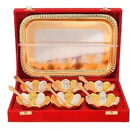 German Silver Bowl Set | Floral Shape | Set of 13 Pcs | Gold-Silver Plated Red Velvet Box | Diwali Pooja Gift, Navratri Pooja, Corporate 500 ml-picture-10