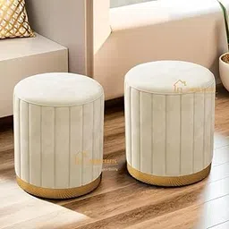 JUMBO CRAFTS Ottoman Pouffes for Sitting/Room Decor - Set of 2 Puffy Stools and Footstools - Ottoman Stool for Living Room Furniture Round Ottoman - Cream-picture-25