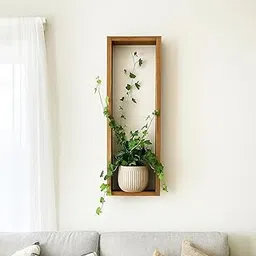 Deligno Mart Wooden Wall-Mounted Plant Display Frame, Vertical Rectangular Shelf with Ceramic Planter, Modern Home Decor-image-13