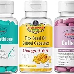 Rishivanam Herbals Skin Brightening & Anti-Aging Pack | L-Glutathione, Collagen & Flax Seed Oil Omega 3-6-9 | Antioxidant Support | Hydration & Firm Skin | 60 Tablets Each-image-57