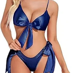 bellevino Women Lingerie Set Satin Fabric Solid Design Above Knee Babydoll Sleeveless Night Dress Piece Bra & Panty Sets Valentine & Honeymoon Set for Couples-picture-42