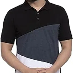 kalt Men's Half Sleeves Multicolour Polo Neck Cotton Blend Colour Block T-Shirt (White::Dark Blue Melange::Black)-picture-16