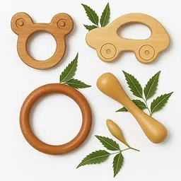 Shark Doo Doo® Neem Wood Baby Teether Combo (Mickey, Car, Ring & Stick) | Organic & Handcrafted | Chemical-Free, Antibacterial Teething Toy for Babies-picture-19