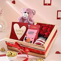 FlowerAura Love Hamper of 10 Red Rose, Teddy, Almonds Rock, Jar Cake, Card In Box For Birthday & Anniversary Gift, Valentine's Day Gift For Boyfriend, Girlfriend, Wife & Husband (Same Day Delivery)-image-16