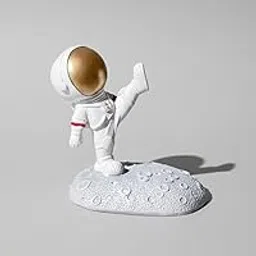 Decorative Astronaut Phone Stand, White and Gold, Desktop Space Theme Figurine, Moon Surface Base, Mobile Device Holder for Office image 1