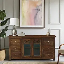 Sheesham Wood Sideboard with Glass Doors and Drawers, Solid Wood Storage Cabinet-picture-13