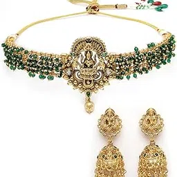 Delicate Traditional Gold Plated Green Glass Beadded Temple Choker Necklace Set with Jhumki/Jhumka Earrings Jewellery Set For Women & Girls|NS106080-image-79