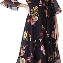 miss chase Women's Multicolored- Base- Navy Blue V Neck 3/4th Sleeve Floral Ruffled Maxi Dress-picture-26