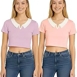 fvshun 100% Pure Cotton Polo Collared V-Neck Crop Top, Half Sleeve Top for Women, Korean Style Tshirt, Stylish Tops for Girls-picture-26