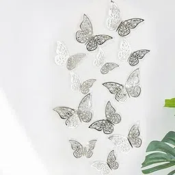 JAAMSO Royals Silver Butterefly Self Adhesive Home Décor Wall Sticker (Set of 12)-image-7