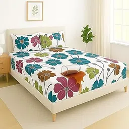 VAS COLLECTIONS Waterproof Mattress Protector/Fitted Bedsheet King Size (78x72+8 inches) with 2 Pillow Covers | All-Round Elastic (White, Green & Blue, Waterproof Fitted Bedsheet (78 X72 inch)) image 1