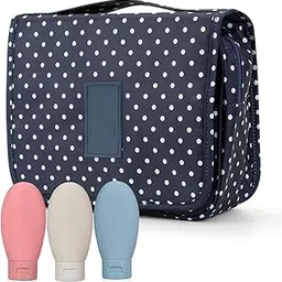 Storescent Girls' Hanging Carry-On Case Cosmetic Bag for Vacation, Trips, and Gym (Polka Dot) with Set of 3 Refillable Food Grade Travel Bottles image 1