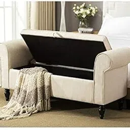 Stuco 50" Wide Rectangle 2 Seater Sofa Upholstered Storage Bench Ottoman for Living Room Pouffe Footstool Sofa Couch for Living Room Bedroom Office Ottoman with Storage (Cream)-picture-57