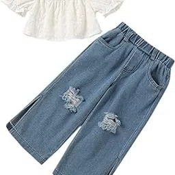 hopscotch Girls Cotton Solid Top and Jeans Set in White Color-picture-18