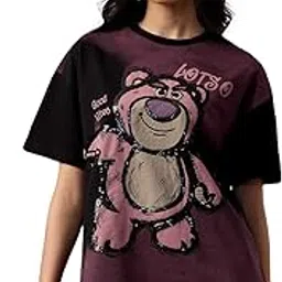 Disney Lotso: Women and Girls Short Sleeves Round Neck Black Graphic Printed Cotton Vintage Wash Lightweight Everyday Streetwear Oversized T-Shirt-image-41