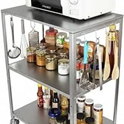 3 Tier Microwave & OTG Stand – GI Galvanized Steel, Silver Finish | Kitchen Oven Rack with Hooks & Wheels | Extra Storage Shelf for Countertop Appliances-picture-15